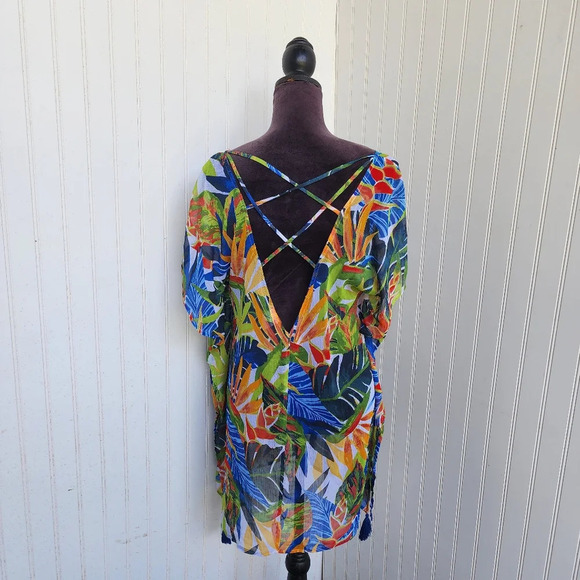 Kona Sol Dress Cover-Up Women Tropical Floral Print Tunic Lace Back Color Sz S - Picture 5 of 13